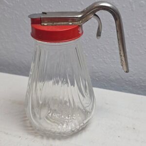 Vintage 1938 SYRUP PITCHER Federal Tool Corp Chicago Red Metal Top Clear Glass